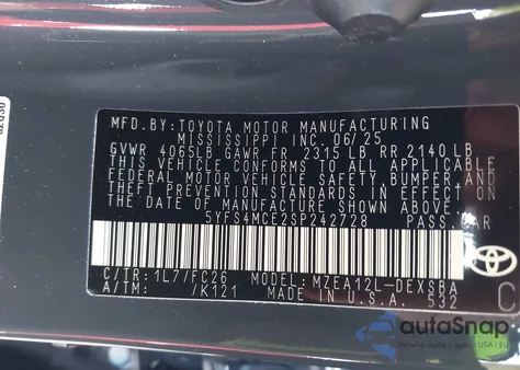 2025 Toyota Corolla Se из США, поврежденный, VIN 5YFS4MCE2SP242728